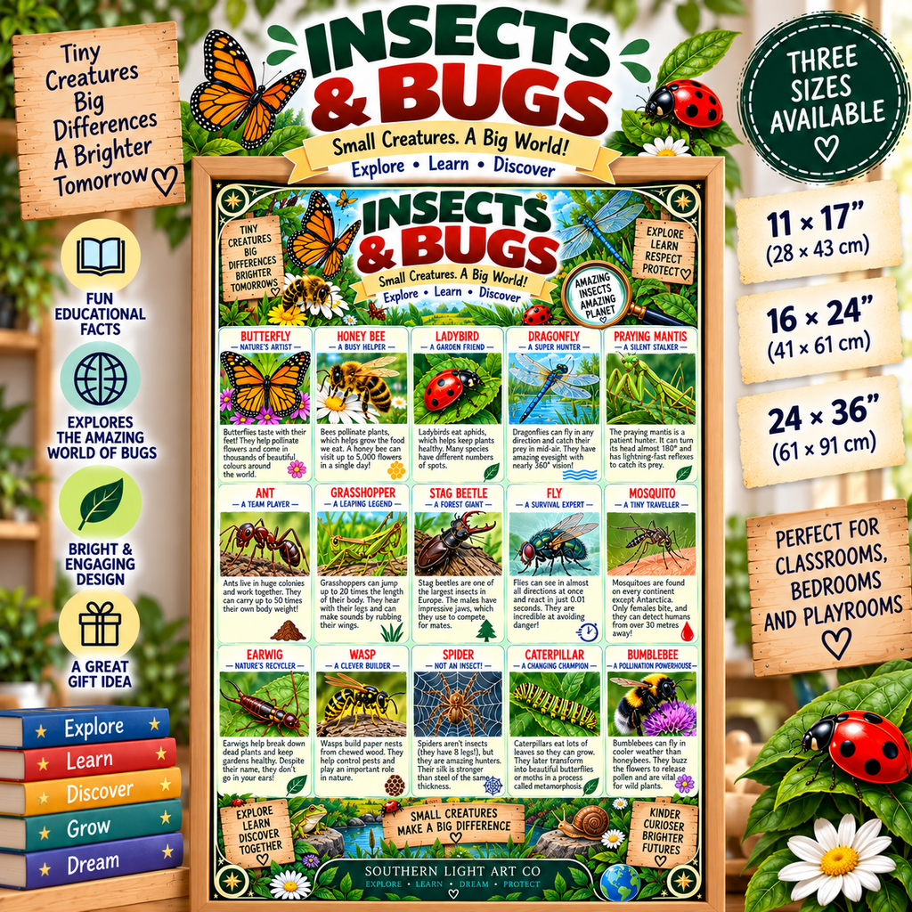Insects & Bugs Educational Poster for Kids | Nature Wall Art