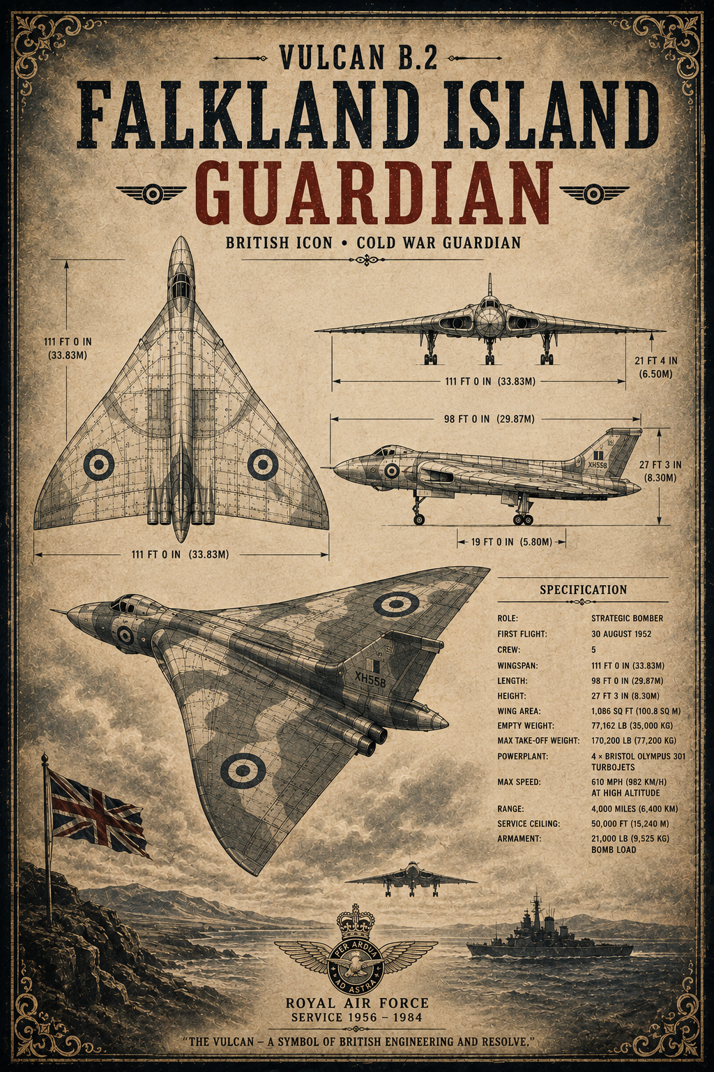 Falklands War Poster Set – Operation Black Buck & Vulcan B.2 – Set of 3 Military History Prints